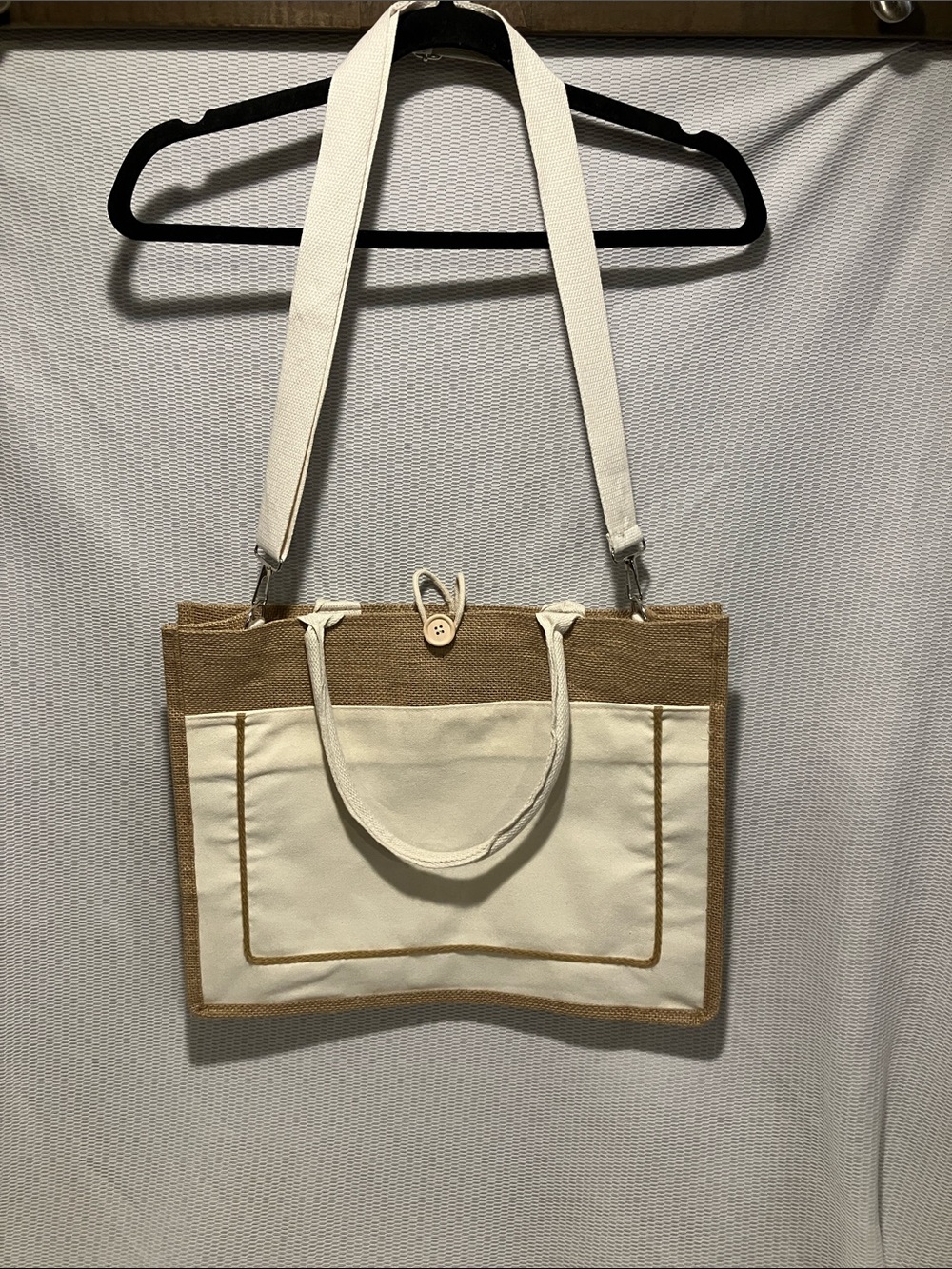 Canvas & Jute Tote with Front Pocket - Cream/Tan